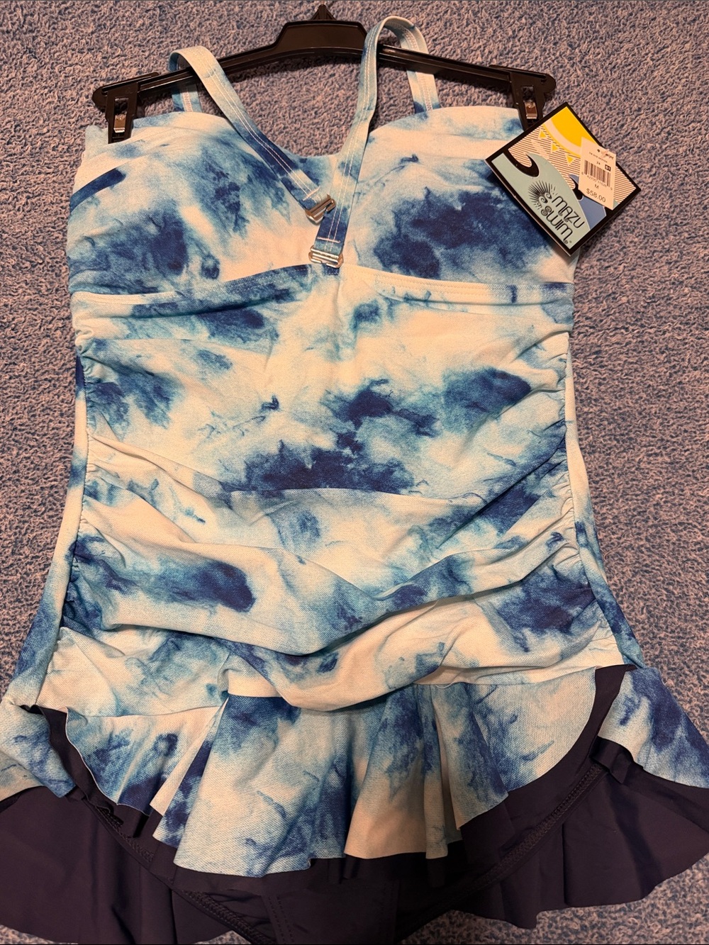 Blue Tie-Dye Swimdress with Ruffle Skirt